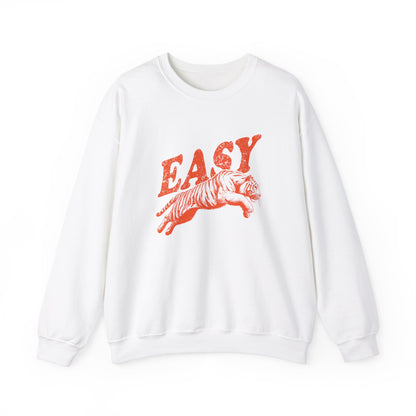 Front view of a white sweatshirt with "EASY" in orange letters and a leaping tiger graphic. Part of the Vivid Divergence Sensory Friendly Unisex Sweater Jumper Range.