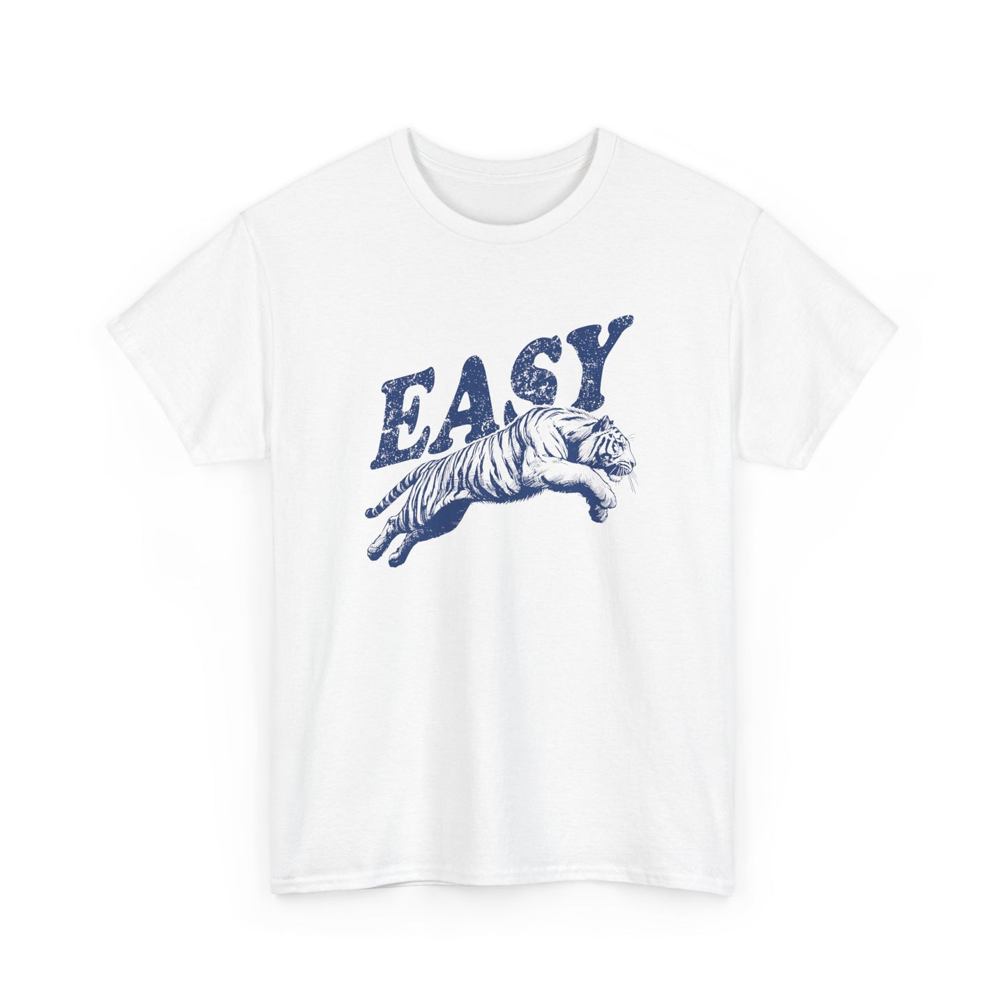White T-shirt featuring the "EASY" text and tiger illustration in blue, displayed flat on a white background. Part of the Vivid Divergence Sensory Friendly Unisex Tees Range.
