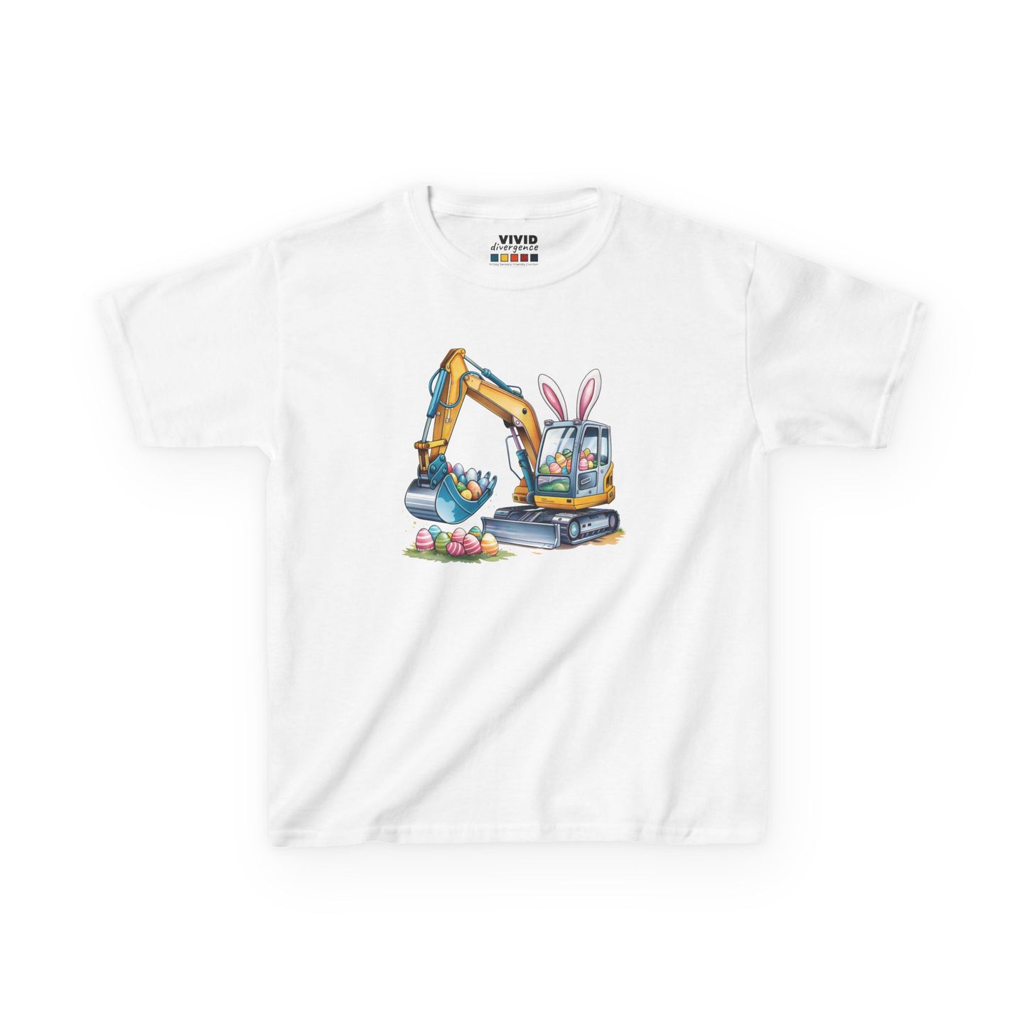 White kids' T-shirt featuring an Easter-themed excavator scooping up decorated eggs, perfect for construction lovers. Hop into the season in style and shop Easter shirts online today!