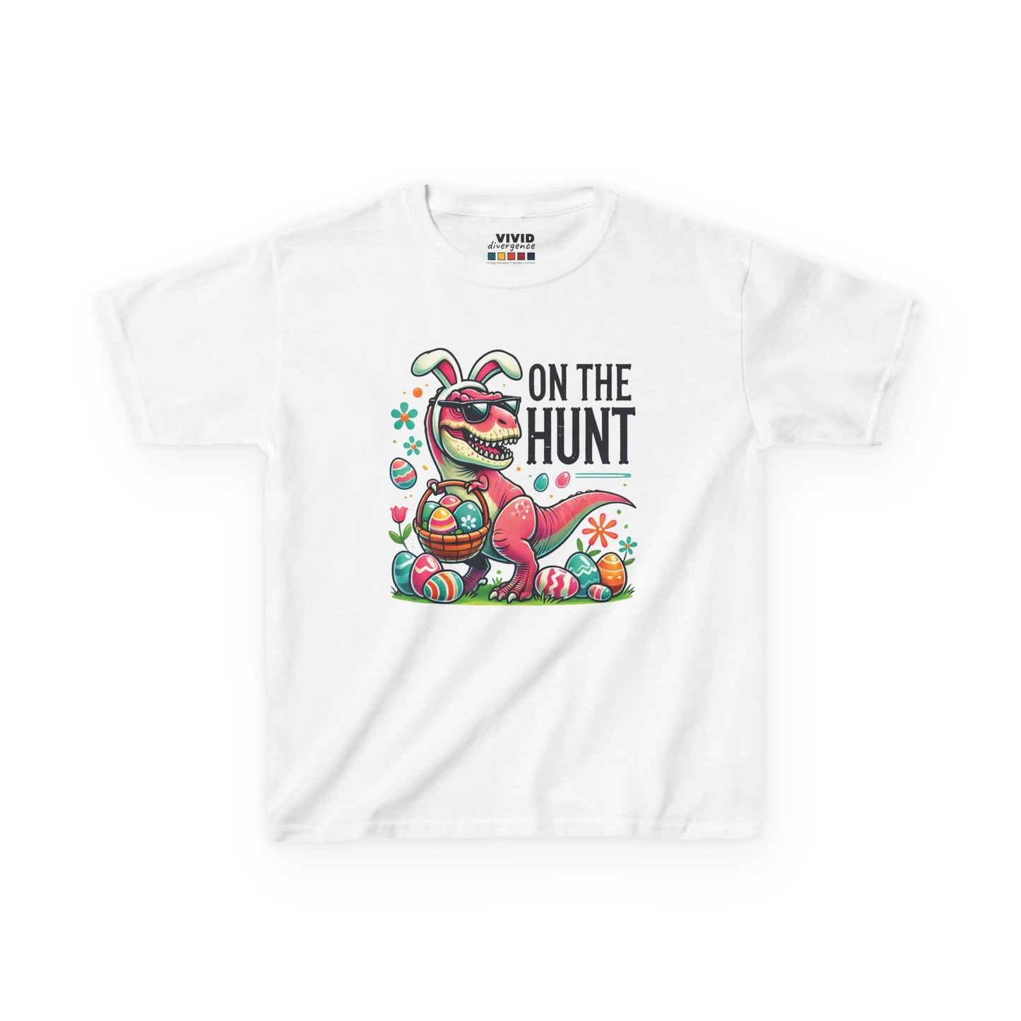 White kids' T-shirt showcasing a playful Easter dinosaur with "On the Hunt" text and colorful eggs. A perfect tee for Easter celebrations. Hop into the season in style and shop Easter shirts online today!