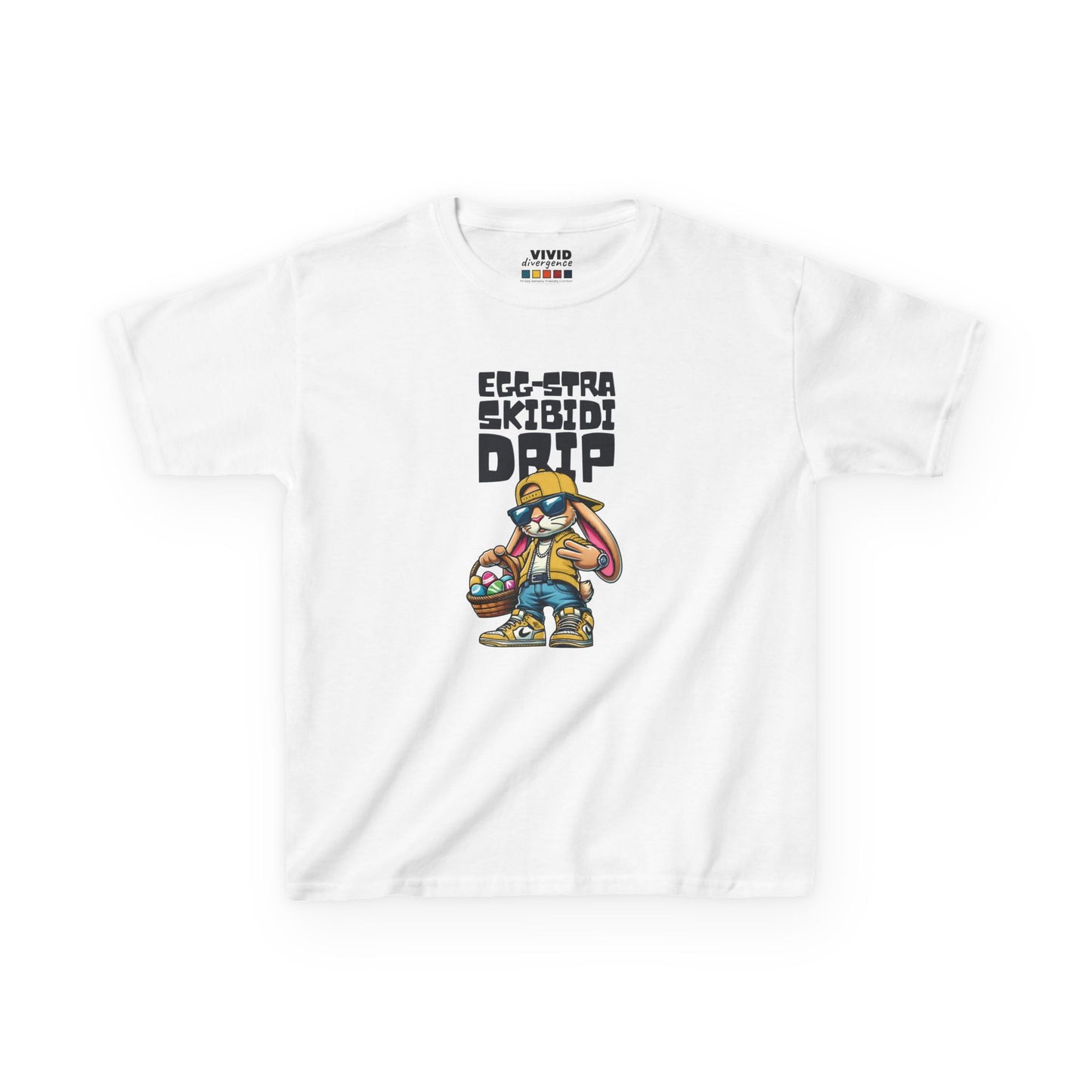 White kids' T-shirt featuring a Skibidi bunny with "Egg-Stra Skibidi Drip" text, a fun and trendy Easter design. Hop into the season in style and shop Easter shirts online today!