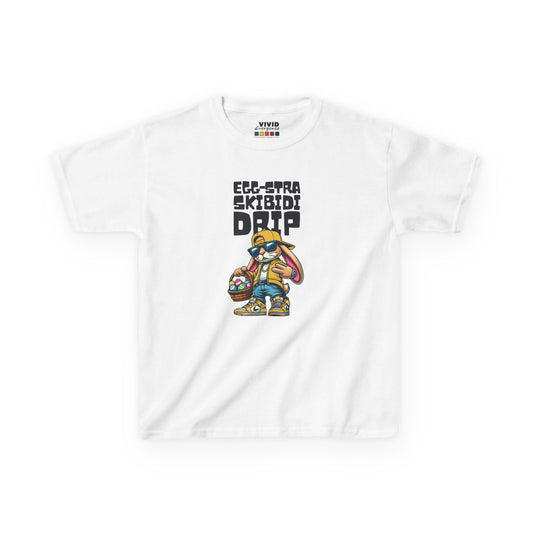 White kids' T-shirt featuring a Skibidi bunny with "Egg-Stra Skibidi Drip" text, a fun and trendy Easter design. Hop into the season in style and shop Easter shirts online today!