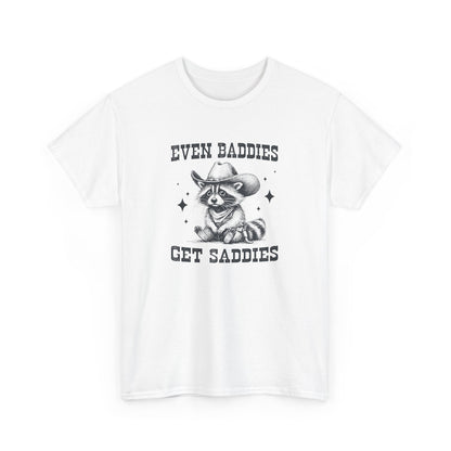 Front view of a white T-shirt with the text "Even Baddies Get Saddies" and a graphic of a crying eye. Part of the Vivid Divergence Sensory Friendly Unisex Tees Range.