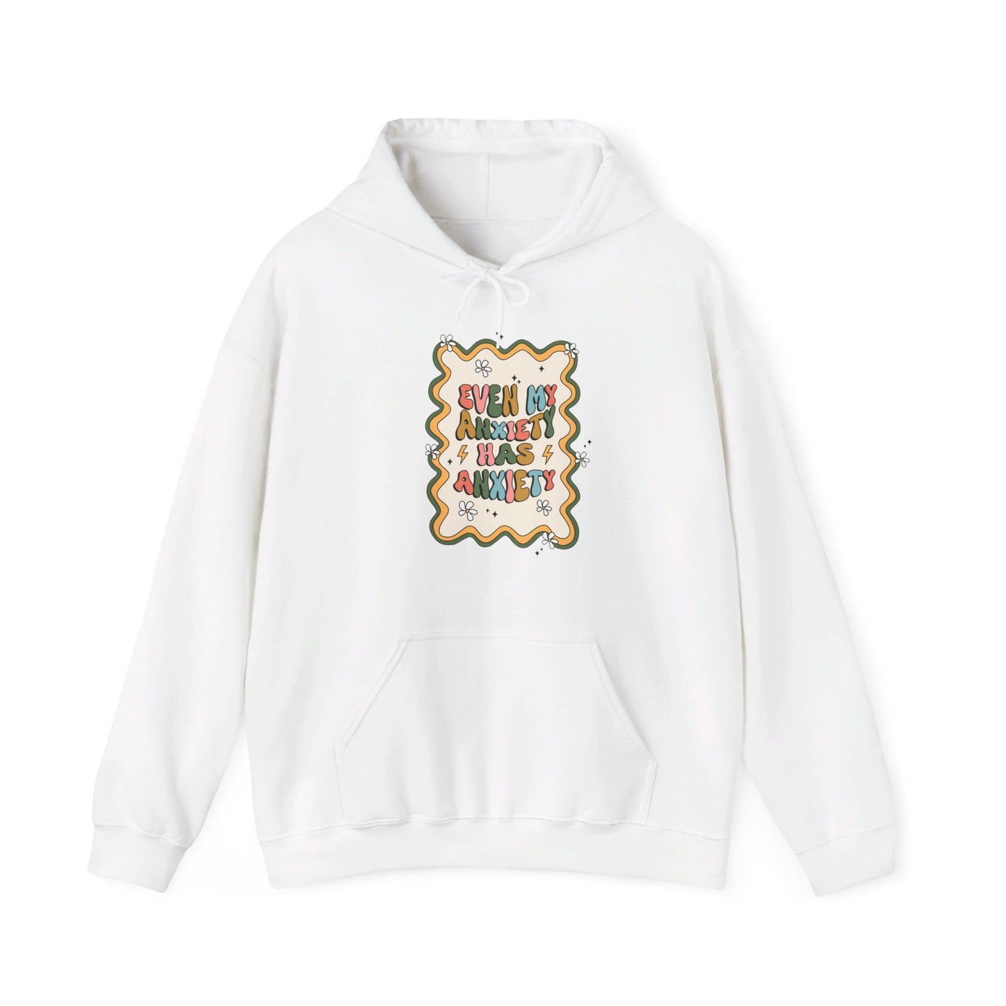 Front view of a white hoodie with the text "Even My Anxiety Has Anxiety" surrounded by a decorative frame design. Part of the Vivid Divergence Sensory Friendly Unisex Hoodie Range.