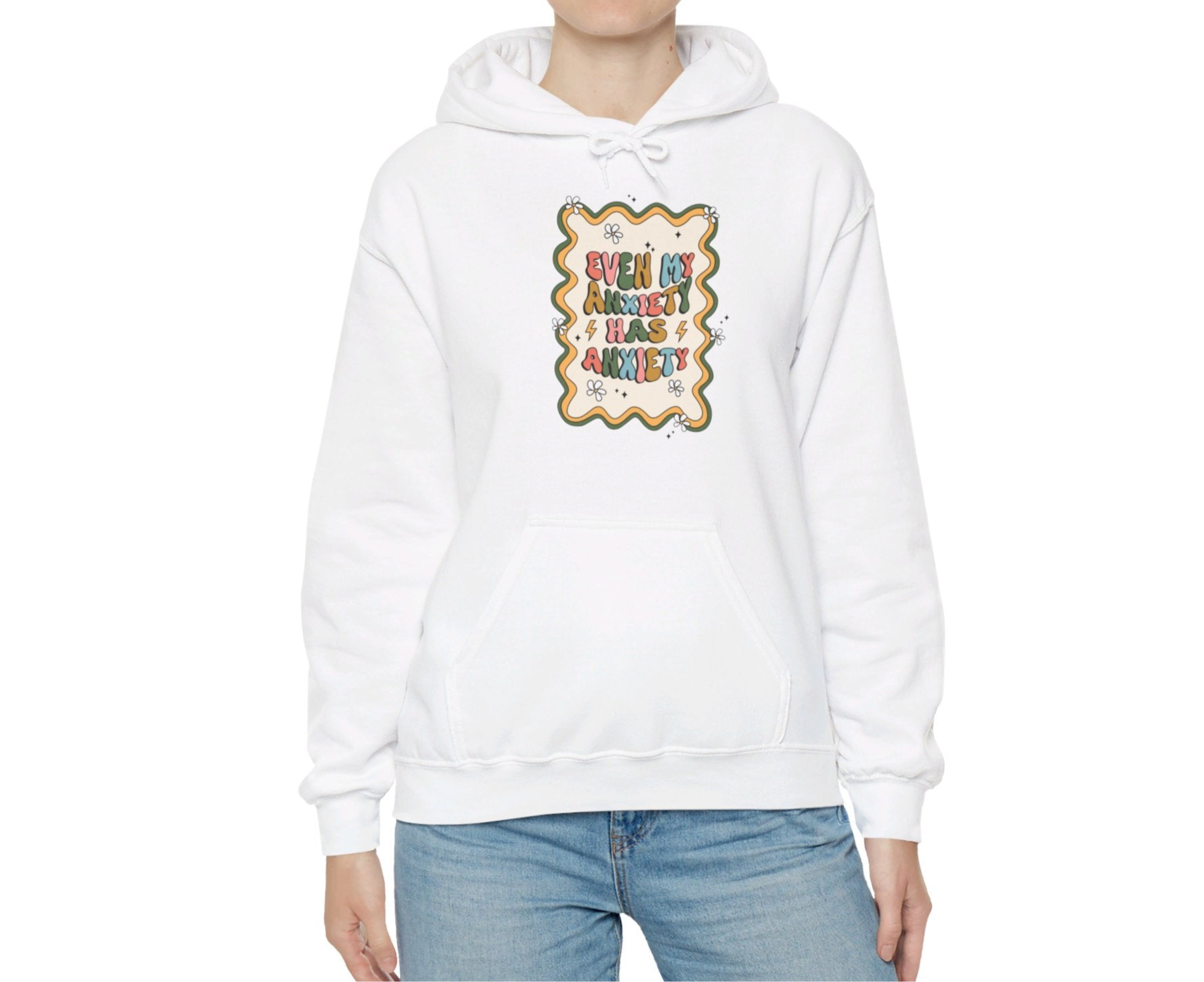 Model wearing a white hoodie with the text "Even My Anxiety Has Anxiety" surrounded by a decorative frame design. Part of the Vivid Divergence Sensory Friendly Unisex Hoodie Range.
