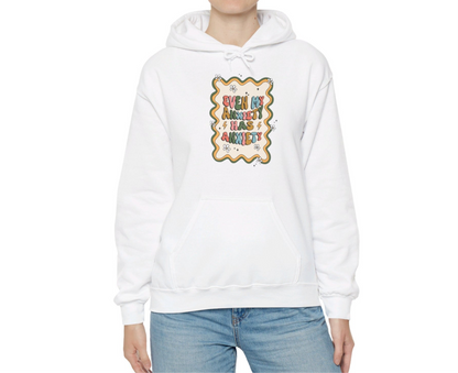 Model wearing a white hoodie with the text "Even My Anxiety Has Anxiety" surrounded by a decorative frame design. Part of the Vivid Divergence Sensory Friendly Unisex Hoodie Range.