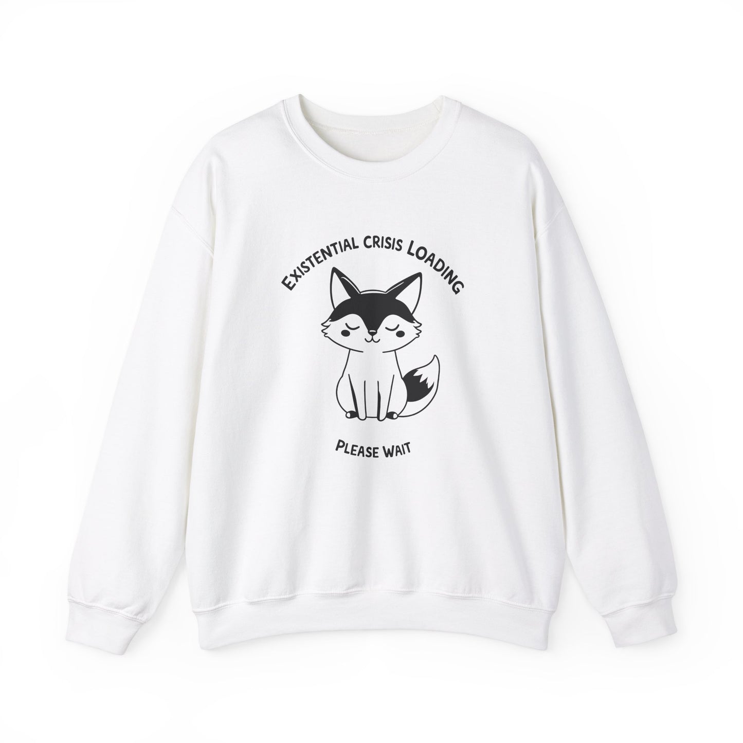Front view of a white sweater jumper with the text "Existential Crisis Loading, Please Wait" and a cartoon fox illustration. Part of the Vivid Divergence Sensory Friendly Unisex Sweater Jumper Range.