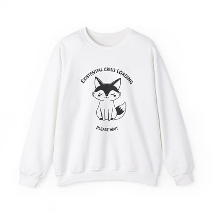 Front view of a white sweater jumper with the text "Existential Crisis Loading, Please Wait" and a cartoon fox illustration. Part of the Vivid Divergence Sensory Friendly Unisex Sweater Jumper Range.