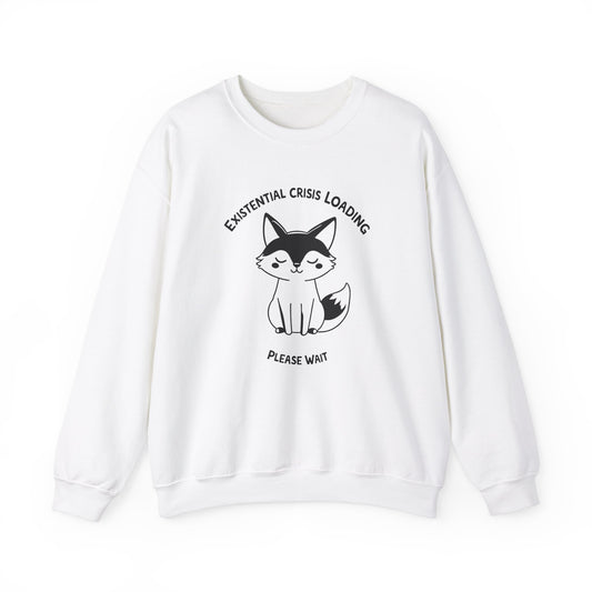 Front view of a white sweater jumper with the text "Existential Crisis Loading, Please Wait" and a cartoon fox illustration. Part of the Vivid Divergence Sensory Friendly Unisex Sweater Jumper Range.