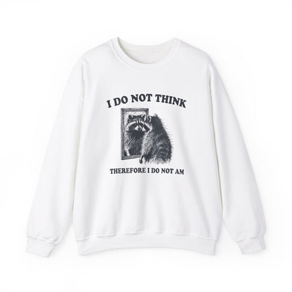 Front view of a white sweater jumper with the text "I Do Not Think, Therefore I Do Not Am" and a cartoon raccoon illustration. Part of the Vivid Divergence Sensory Friendly Unisex Sweater Jumper Range.
