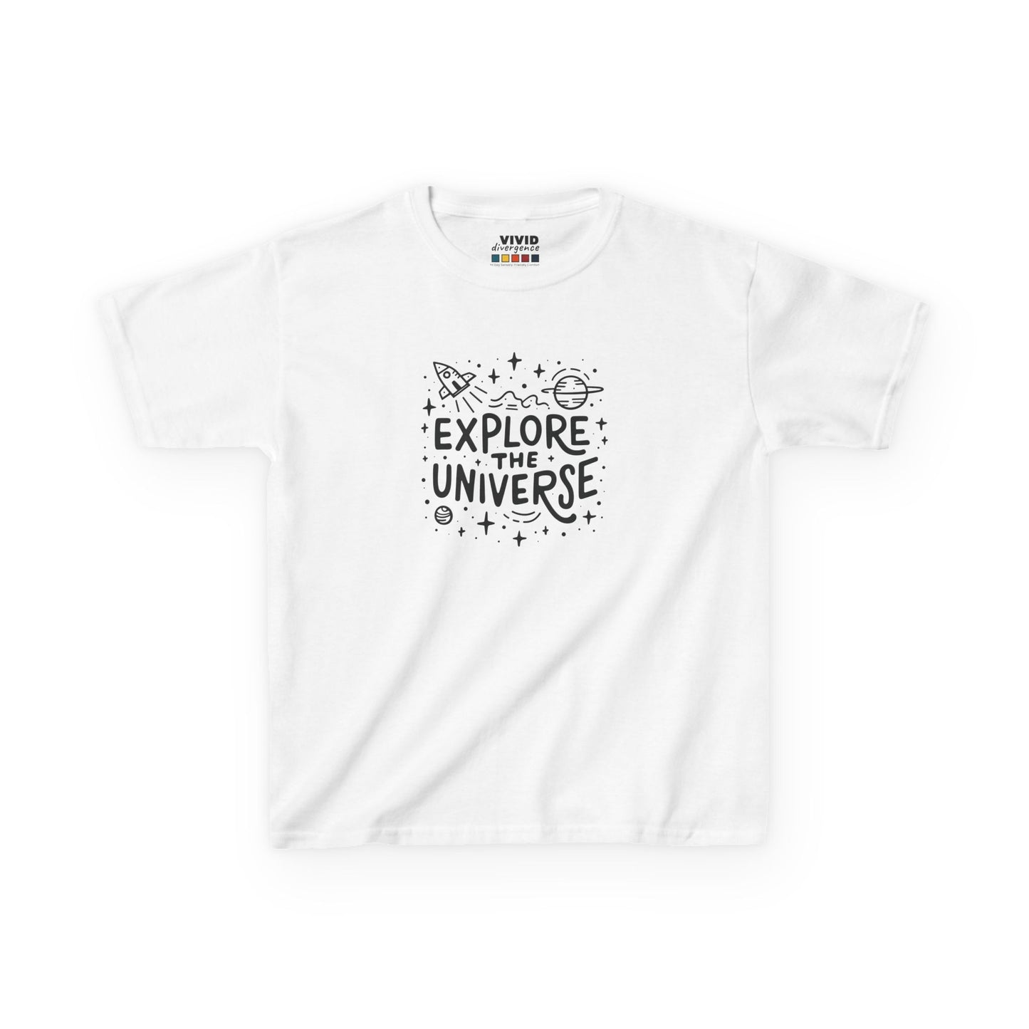 Front view of a white "Explore The Universe" kids T-shirt featuring a space-themed graphic with stars and planets. Part of the Vivid Divergence Sensory Friendly Kids Shirts Range. The perfect T-shirt for sensory-sensitive kids and comes with a Sensory Satisfaction Promise.