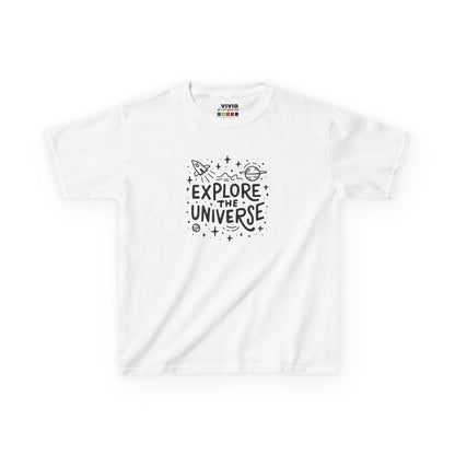 Front view of a white "Explore The Universe" kids T-shirt featuring a space-themed graphic with stars and planets. Part of the Vivid Divergence Sensory Friendly Kids Shirts Range. The perfect T-shirt for sensory-sensitive kids and comes with a Sensory Satisfaction Promise.