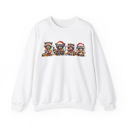 Front view of a white sweatshirt featuring a festive illustration of raccoons in Christmas attire causing holiday chaos. Part of the Vivid Divergence Sensory Friendly Unisex Sweater Jumper Range.