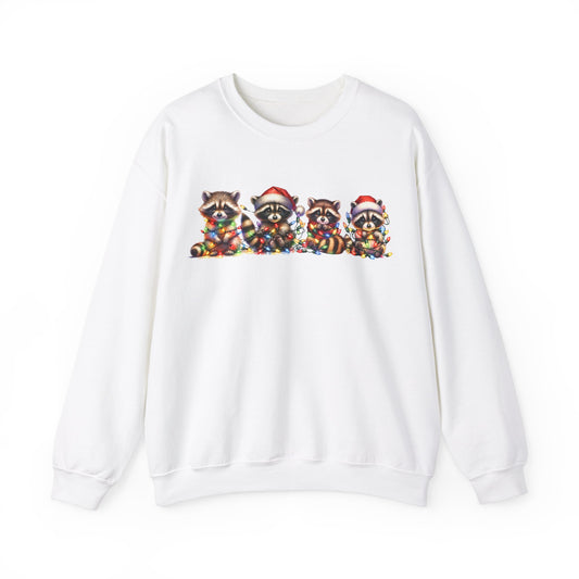 Front view of a white sweatshirt featuring a festive illustration of raccoons in Christmas attire causing holiday chaos. Part of the Vivid Divergence Sensory Friendly Unisex Sweater Jumper Range.