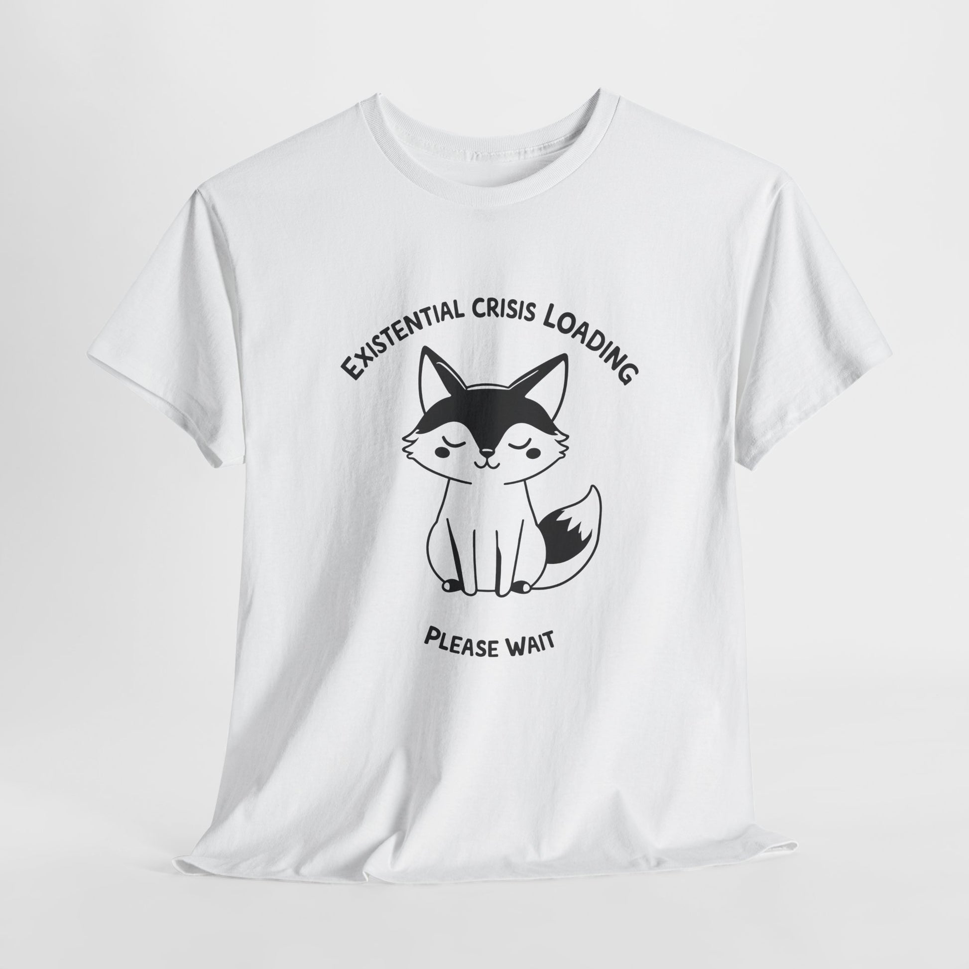 White T-shirt with a black and white fox graphic and "Existential Crisis Loading, Please Wait" text, hanging view. Part of the Vivid Divergence Sensory Friendly Unisex Tees Range.