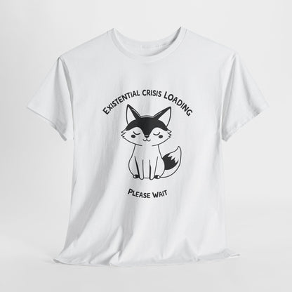 White T-shirt with a black and white fox graphic and "Existential Crisis Loading, Please Wait" text, hanging view. Part of the Vivid Divergence Sensory Friendly Unisex Tees Range.
