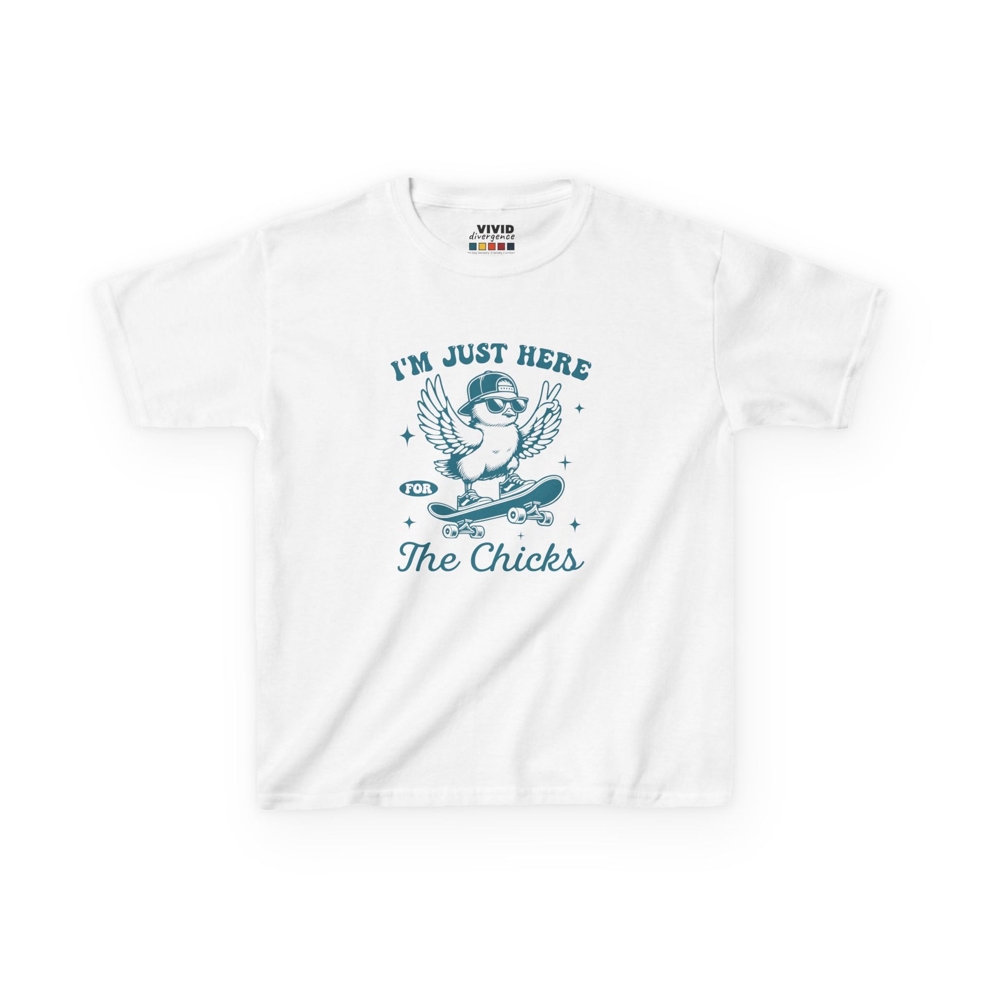 White kids' T-shirt showcasing a fun "I'm Just Here for the Chicks" graphic with a cheerful chick, a great Easter outfit choice. Hop into the season in style and shop Easter shirts online today!