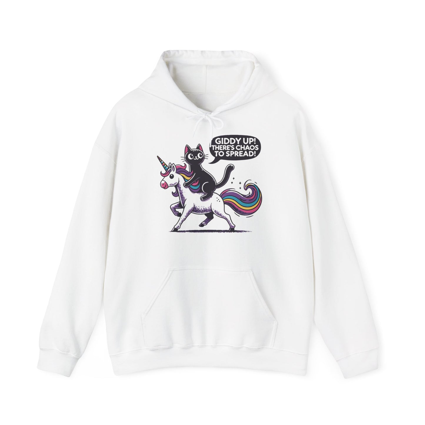 Front view of a white hoodie featuring the text "Giddy Up, There’s Chaos to Spread" and a cartoon illustration of a cat riding a unicorn. Part of the Vivid Divergence Sensory Friendly Unisex Hoodie Range.