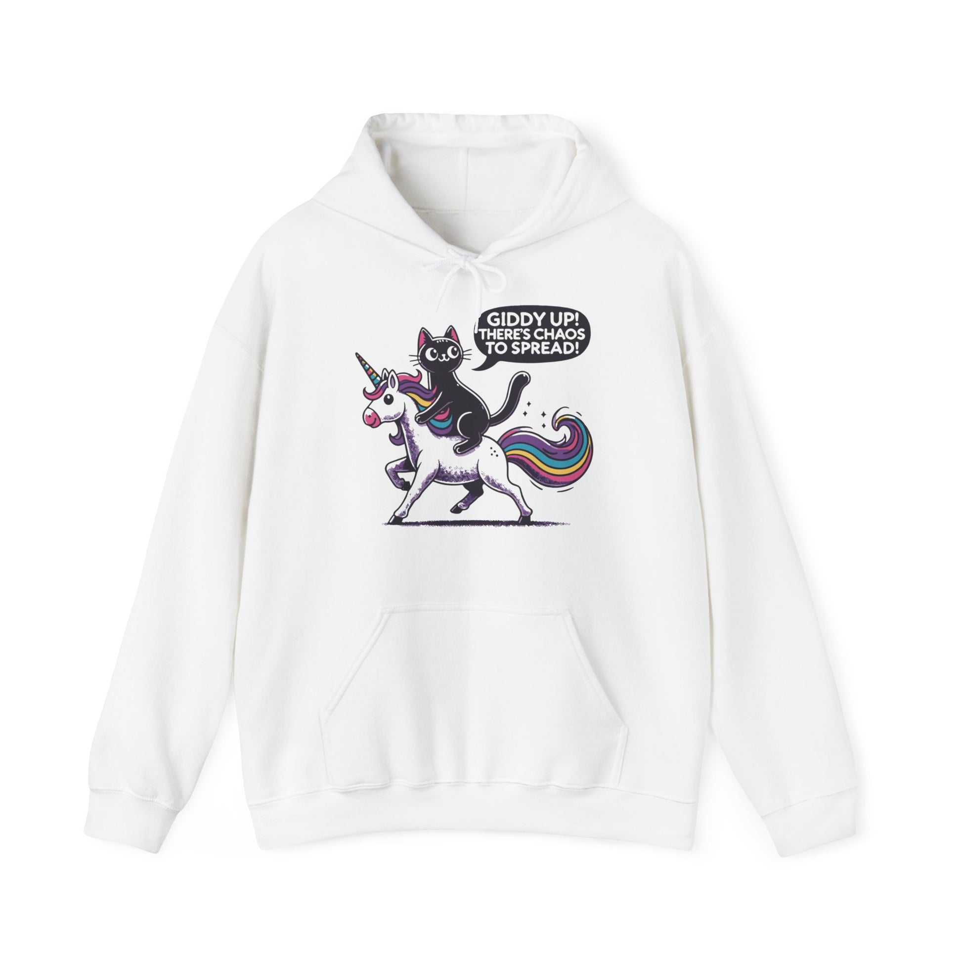 Front view of a white hoodie featuring the text "Giddy Up, There’s Chaos to Spread" and a cartoon illustration of a cat riding a unicorn. Part of the Vivid Divergence Sensory Friendly Unisex Hoodie Range.