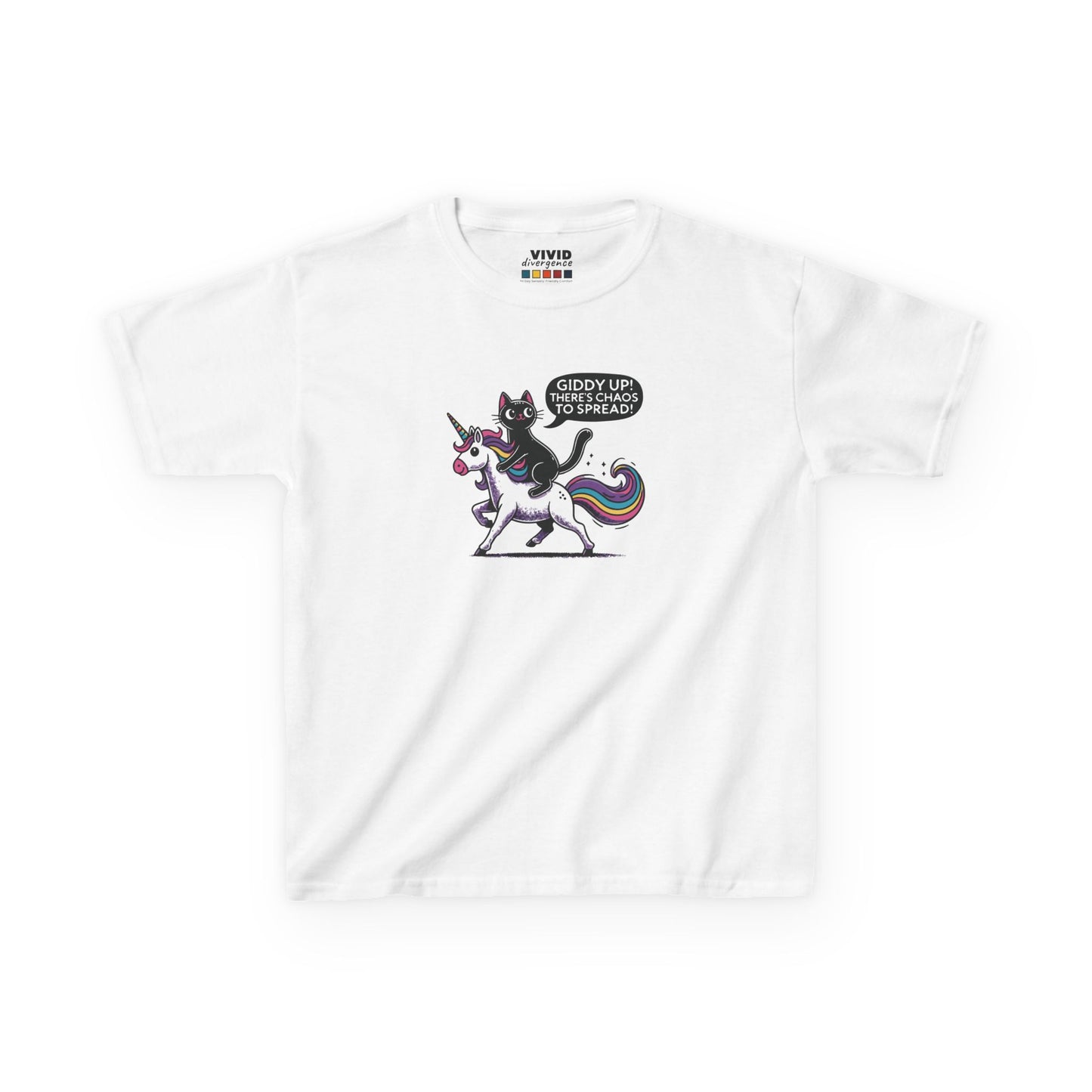 Front view of a white "Giddy Up, There's Chaos to Spread" cat and unicorn kids T-shirt with a playful graphic. Part of the Vivid Divergence Sensory Friendly Kids Shirts Range. The perfect T-shirt for sensory-sensitive kids and comes with a Sensory Satisfaction Promise.