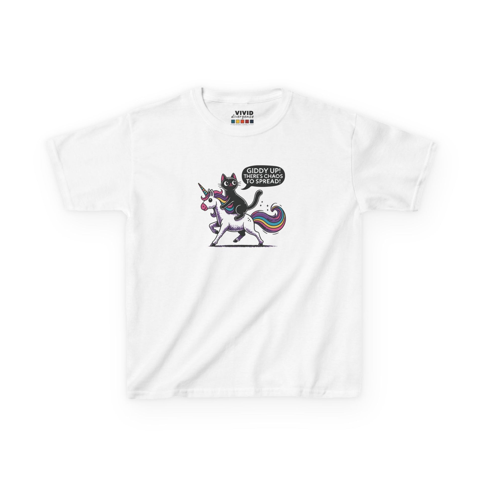 Front view of a white "Giddy Up, There's Chaos to Spread" cat and unicorn kids T-shirt with a playful graphic. Part of the Vivid Divergence Sensory Friendly Kids Shirts Range. The perfect T-shirt for sensory-sensitive kids and comes with a Sensory Satisfaction Promise.