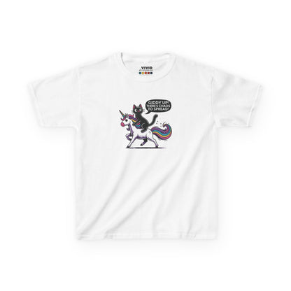 Front view of a white "Giddy Up, There's Chaos to Spread" cat and unicorn kids T-shirt with a playful graphic. Part of the Vivid Divergence Sensory Friendly Kids Shirts Range. The perfect T-shirt for sensory-sensitive kids and comes with a Sensory Satisfaction Promise.