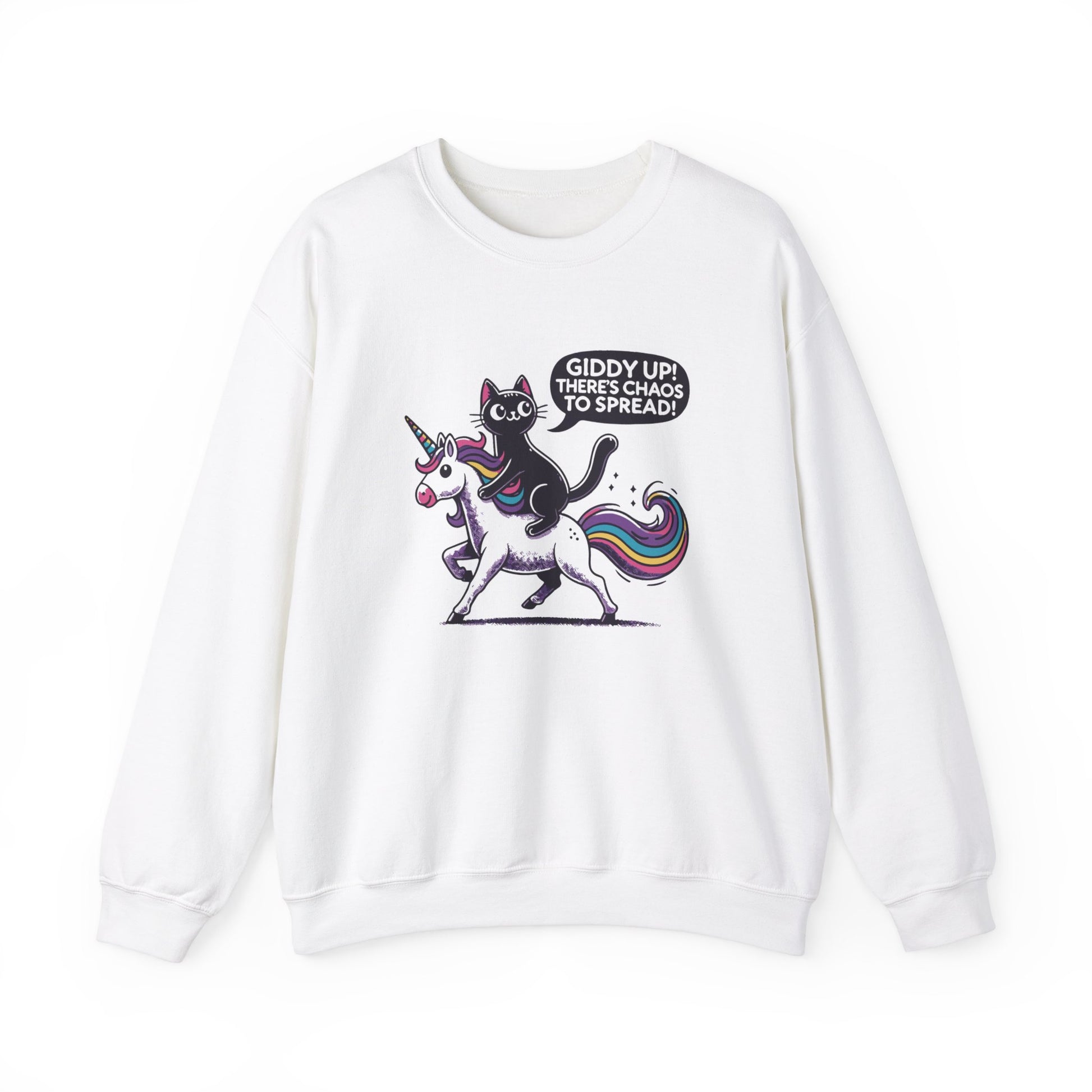 Front view of a white sweater jumper featuring a cartoon cat riding a unicorn with rainbow mane and the text "Giddy Up, There's Chaos to Spread." Part of the Vivid Divergence Sensory Friendly Unisex Sweater Jumper Range.