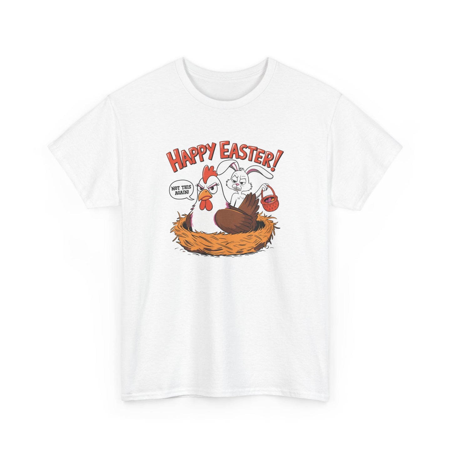 White Easter T-shirt featuring a funny "Happy Easter" bunny caught in a hen’s nest, bringing humor to the holiday season. Hop into the season in style and shop Easter shirts online today!