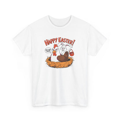 White Easter T-shirt featuring a funny "Happy Easter" bunny caught in a hen’s nest, bringing humor to the holiday season. Hop into the season in style and shop Easter shirts online today!