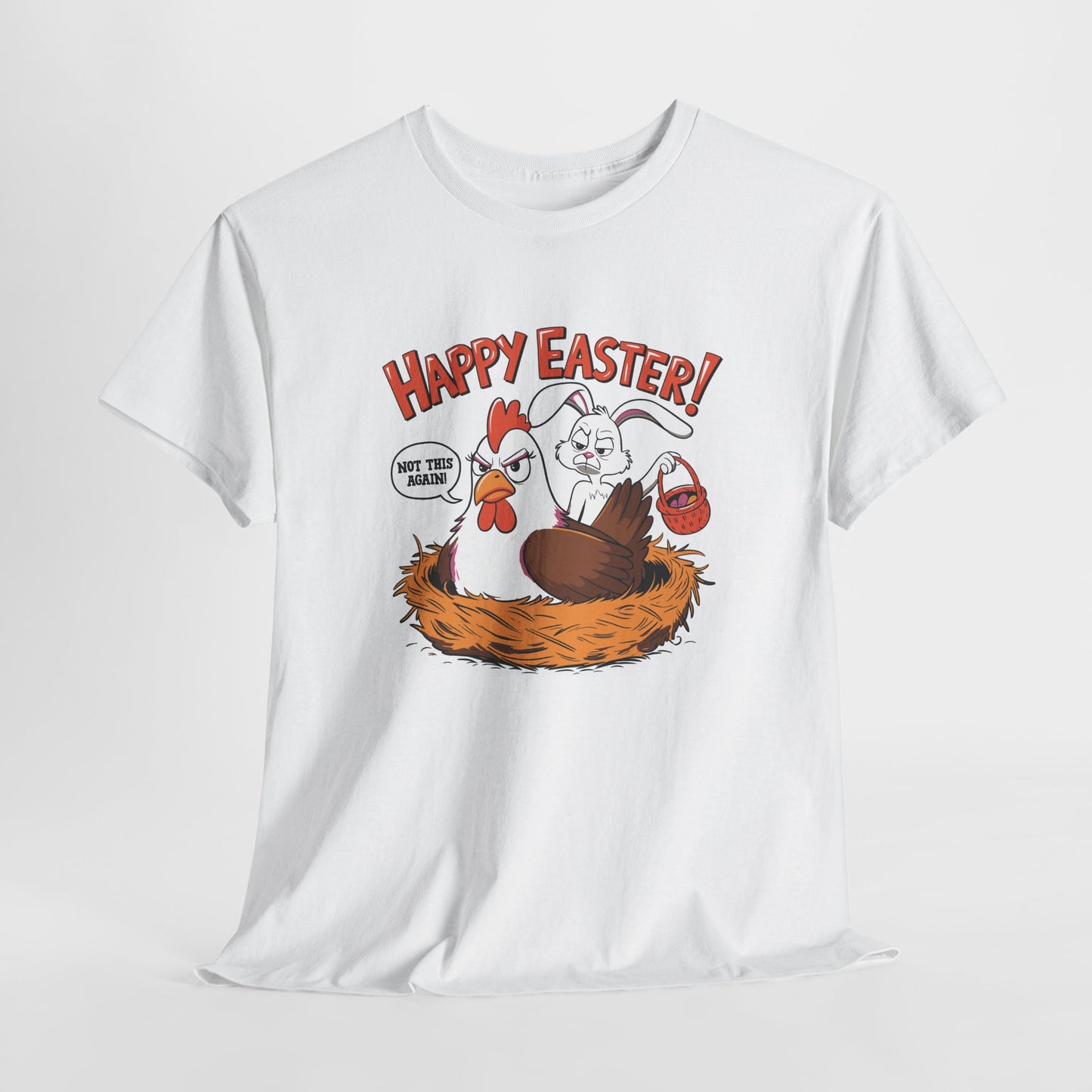 White T-shirt hanging, featuring a funny "Happy Easter" design with a surprised hen catching the Easter Bunny in the act, a playful holiday tee. Hop into the season in style and shop Easter shirts online today!