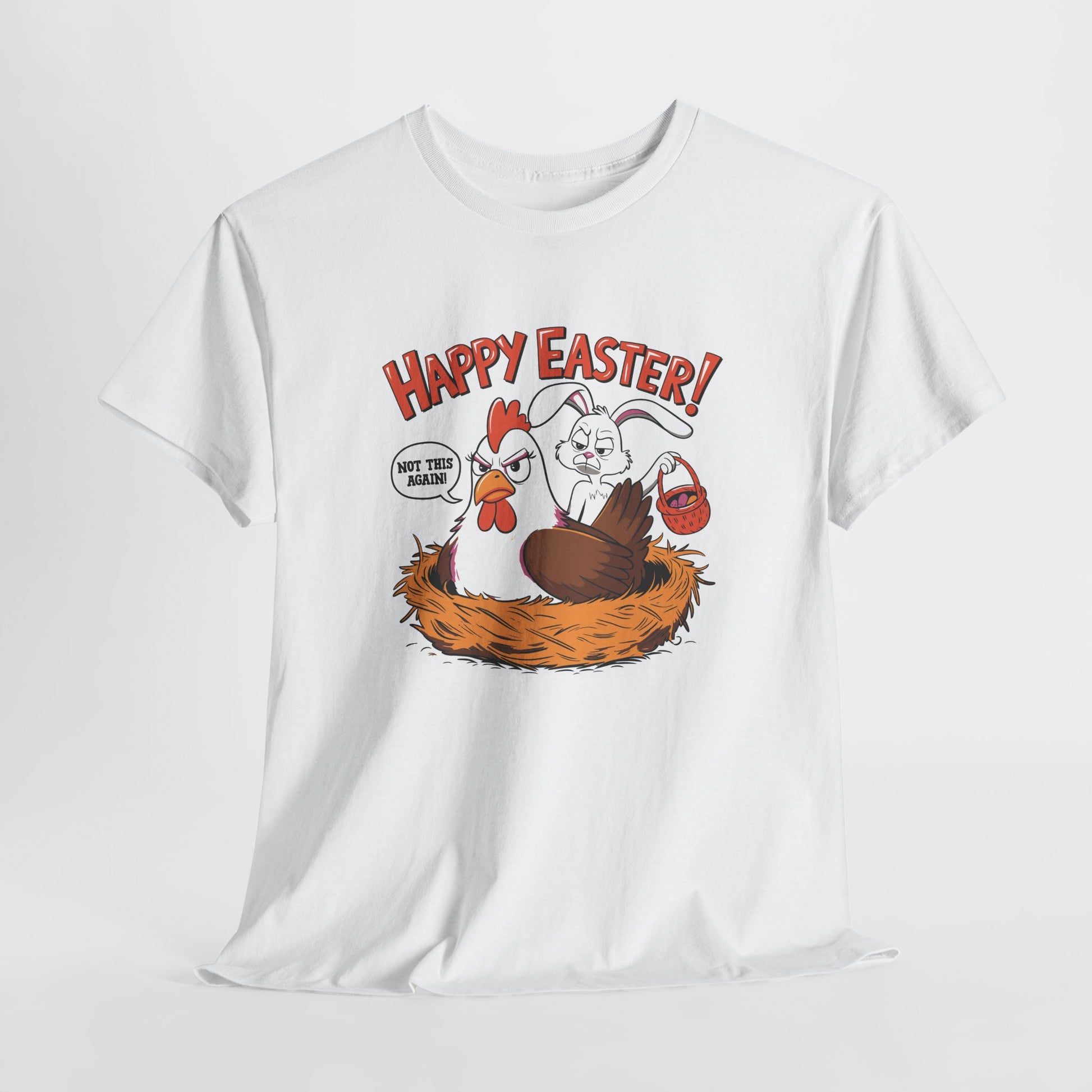 White T-shirt hanging, featuring a funny "Happy Easter" design with a surprised hen catching the Easter Bunny in the act, a playful holiday tee. Hop into the season in style and shop Easter shirts online today!