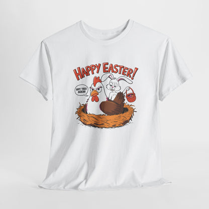 White T-shirt hanging, featuring a funny "Happy Easter" design with a surprised hen catching the Easter Bunny in the act, a playful holiday tee. Hop into the season in style and shop Easter shirts online today!