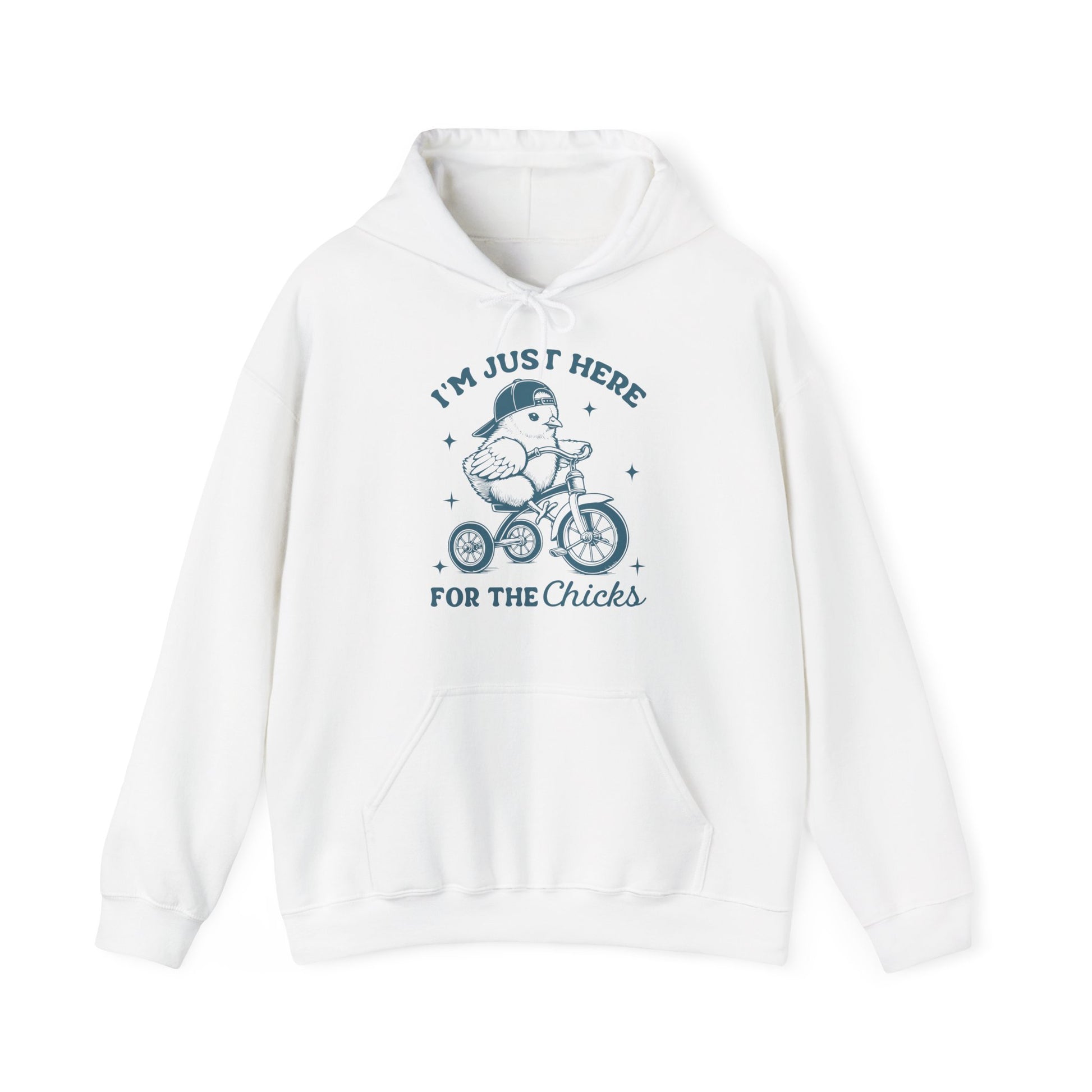 Front view of white hoodie with “I’m Just Here For The Chicks” Easter design. Part of the Vivid Divergence Sensory Friendly Unisex Hoodies Range.