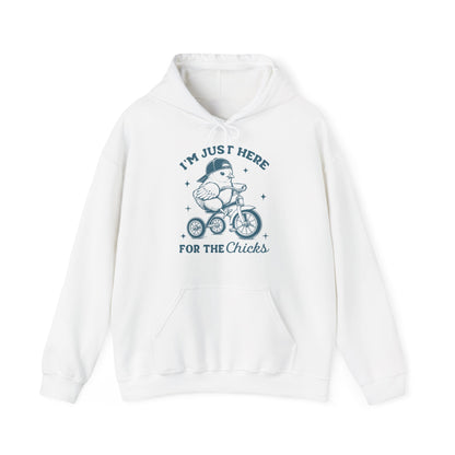 Front view of white hoodie with “I’m Just Here For The Chicks” Easter design. Part of the Vivid Divergence Sensory Friendly Unisex Hoodies Range.