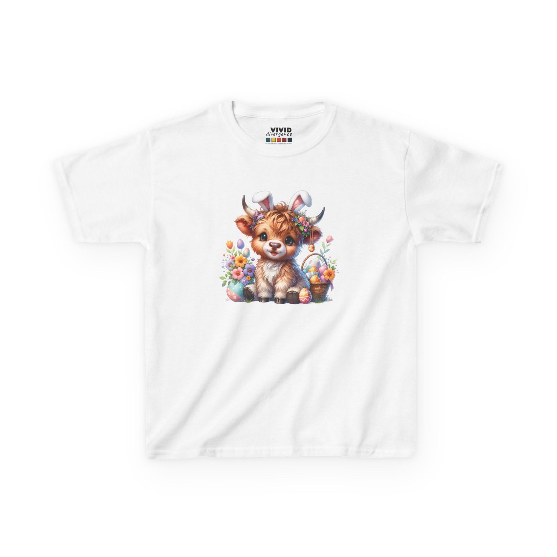 Alt Text: White kids' T-shirt featuring an adorable Highland cow with festive Easter eggs and spring flowers, perfect for a cute holiday look. Hop into the season in style and shop Easter shirts online today!