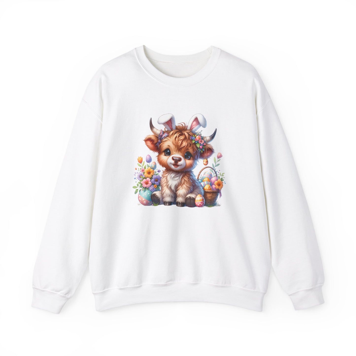 Front view of white sweater jumper with cute Highland cow and Easter eggs design. Part of the Vivid Divergence Sensory Friendly Unisex Sweater Jumper Range.
