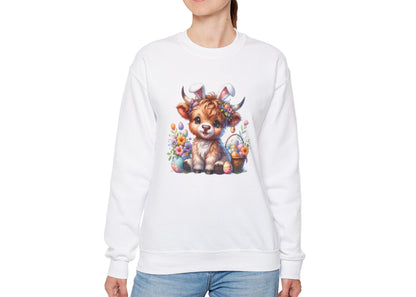 Woman wearing white sweater jumper with Highland cow and colorful Easter eggs. Part of the Vivid Divergence Sensory Friendly Unisex Sweater Jumper Range.

