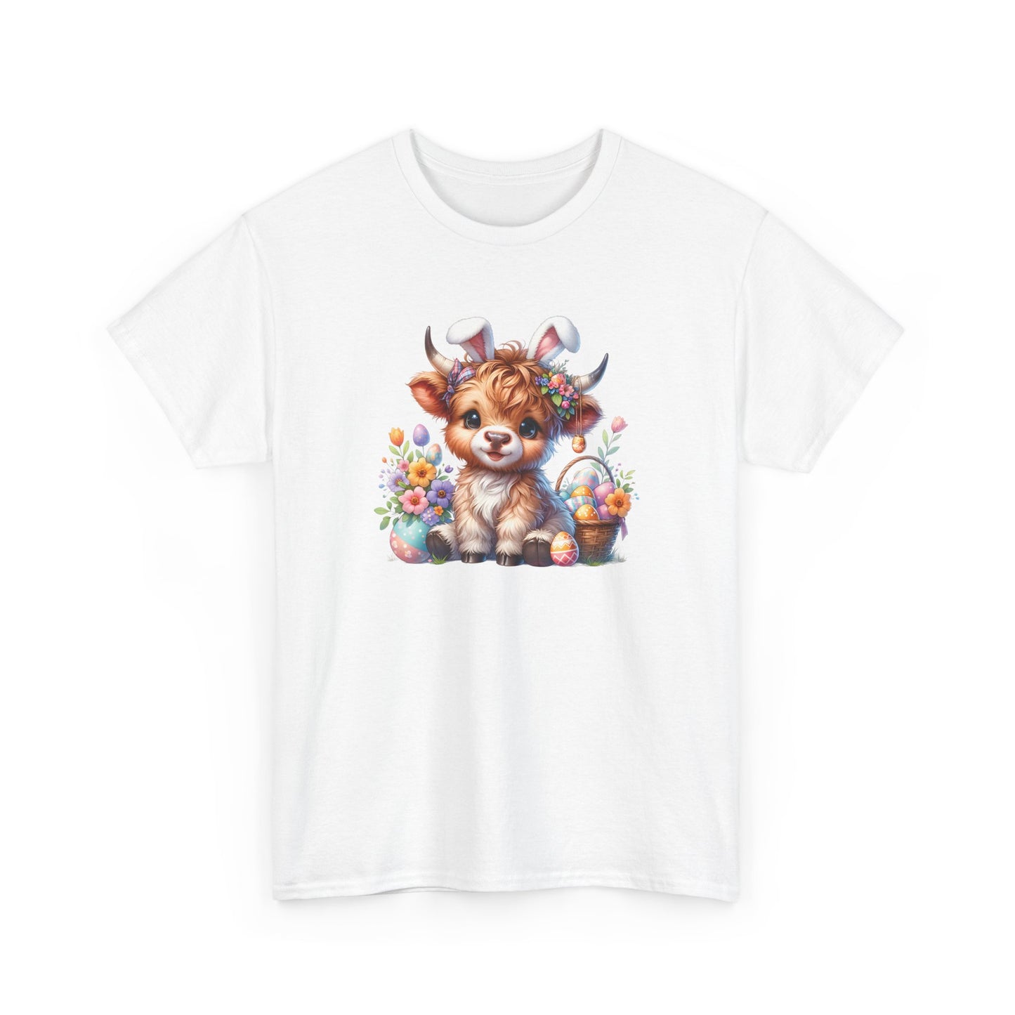 White Easter T-shirt featuring a cute Highland cow with festive bunny ears, surrounded by Easter decorations, a fun and cozy spring look. Hop into the season in style and shop Easter shirts online today!