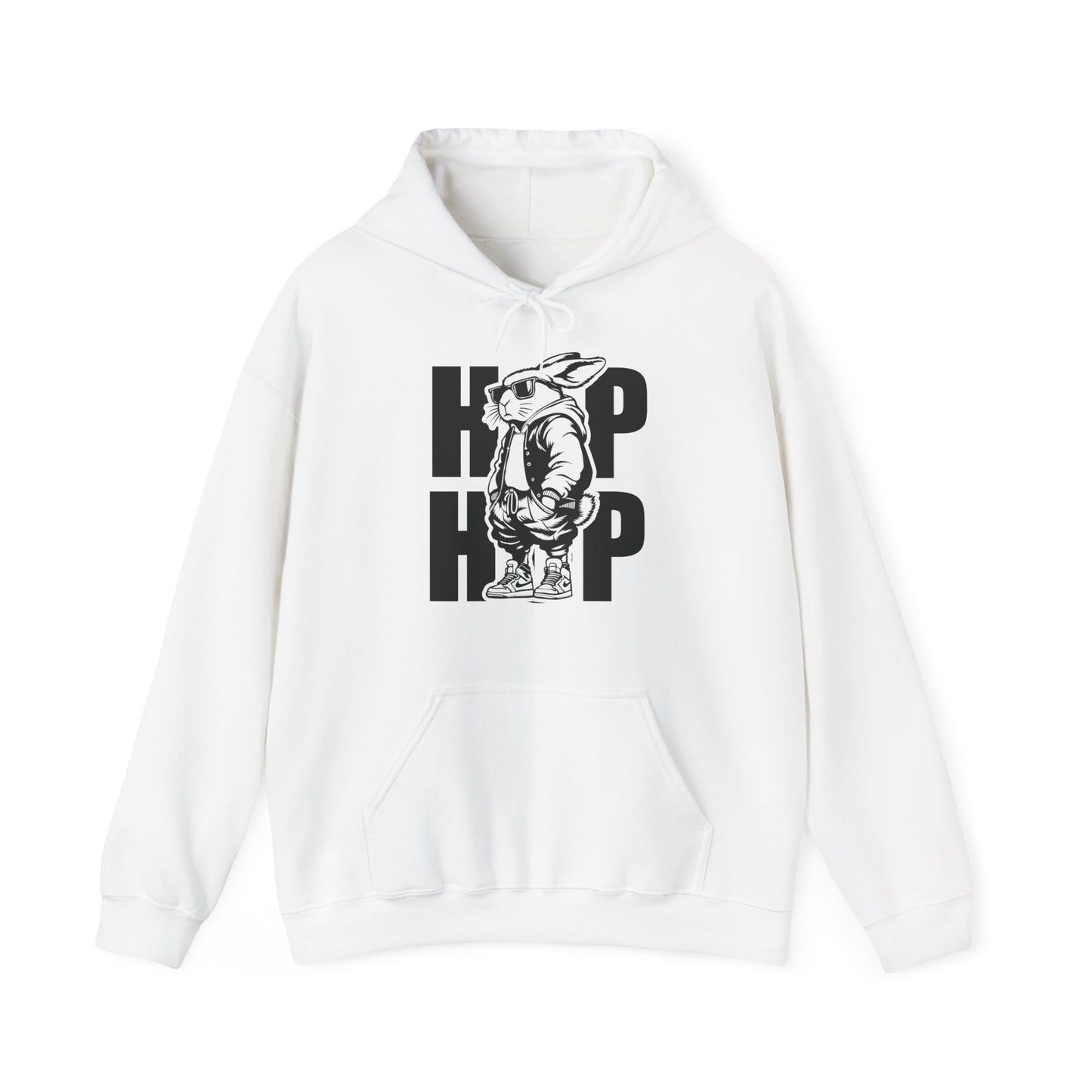 Front view of white hoodie with bold hip hop bunny Easter graphic. Part of the Vivid Divergence Sensory Friendly Unisex Hoodies Range.