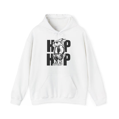 Front view of white hoodie with bold hip hop bunny Easter graphic. Part of the Vivid Divergence Sensory Friendly Unisex Hoodies Range.