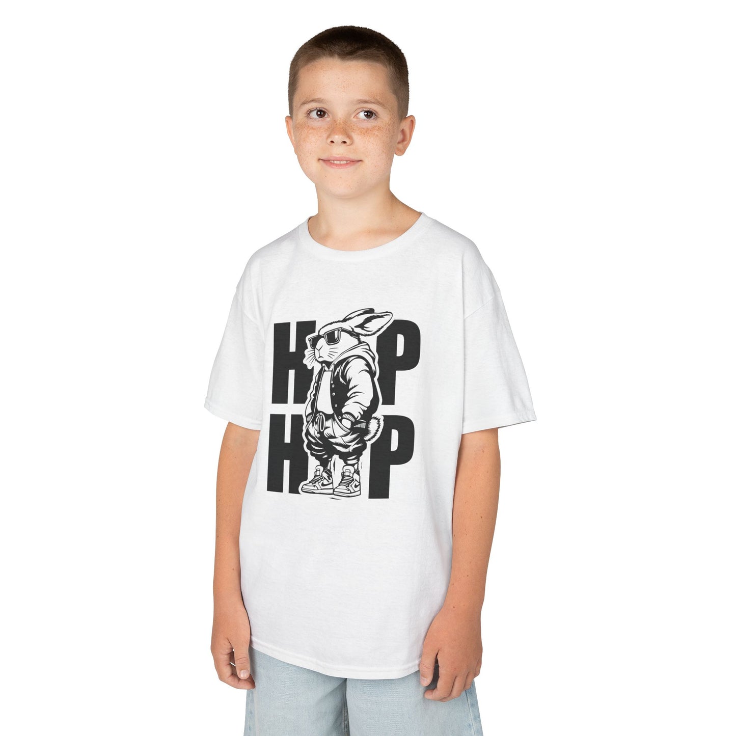 Child wearing a white hip-hop bunny Easter T-shirt, front view. A cool and trendy Easter outfit. Hop into the season in style and shop Easter shirts online today!