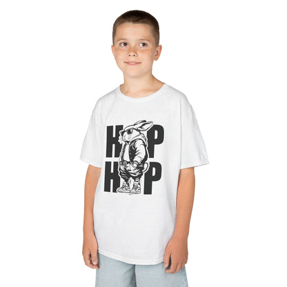 Child wearing a white hip-hop bunny Easter T-shirt, front view. A cool and trendy Easter outfit. Hop into the season in style and shop Easter shirts online today!