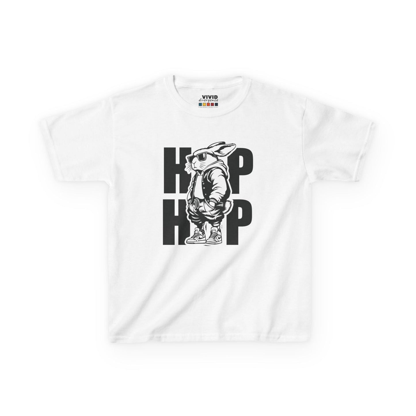 White kids' T-shirt featuring a cool hip-hop bunny with bold "HOP HOP" text. Perfect for Easter celebrations. Hop into the season in style and shop Easter shirts online today!