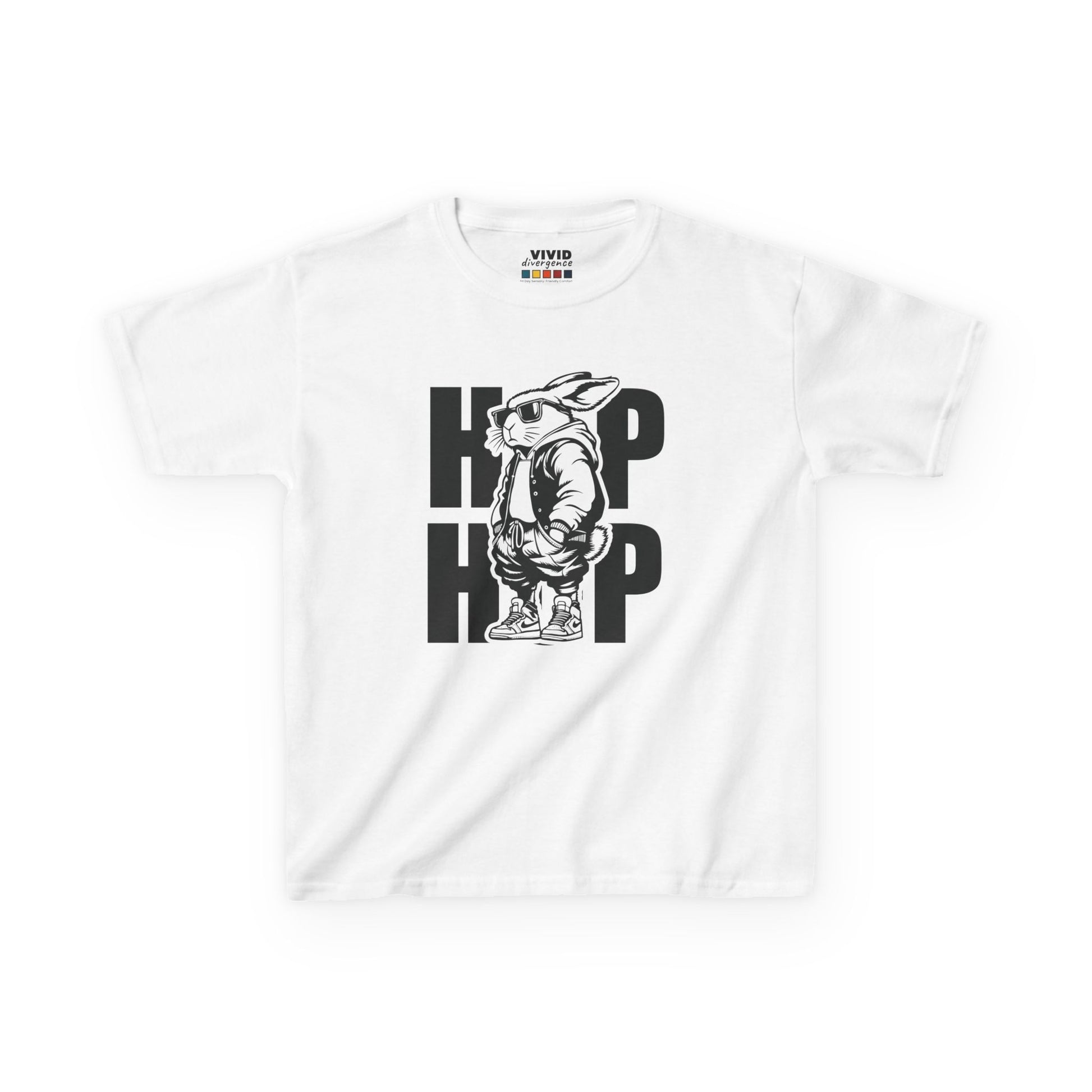 White kids' T-shirt featuring a cool hip-hop bunny with bold "HOP HOP" text. Perfect for Easter celebrations. Hop into the season in style and shop Easter shirts online today!