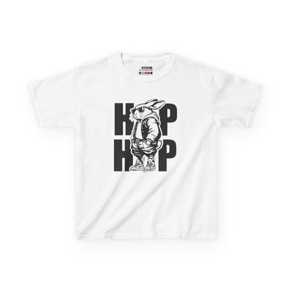 White kids' T-shirt featuring a cool hip-hop bunny with bold "HOP HOP" text. Perfect for Easter celebrations. Hop into the season in style and shop Easter shirts online today!