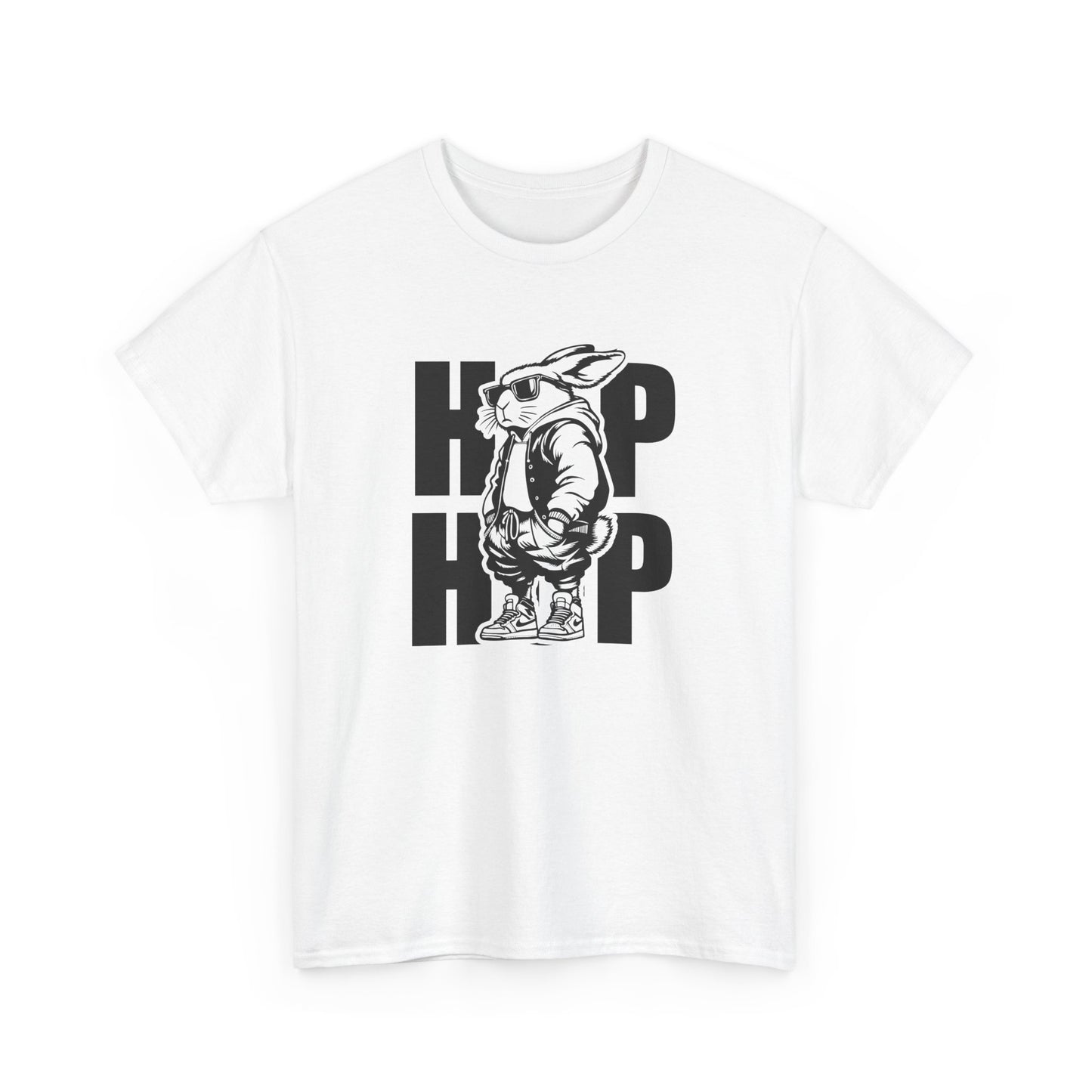 White Easter T-shirt featuring a cool hip-hop bunny with bold "HOP HOP" text, a fun and stylish Easter choice. Hop into the season in style and shop Easter shirts online today!