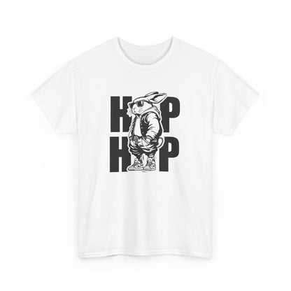White Easter T-shirt featuring a cool hip-hop bunny with bold "HOP HOP" text, a fun and stylish Easter choice. Hop into the season in style and shop Easter shirts online today!