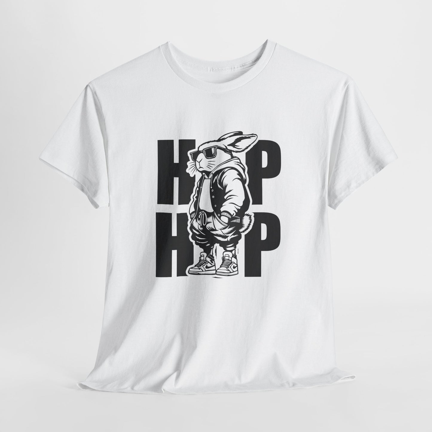 White T-shirt hanging, featuring a cool hip-hop bunny with bold "HOP HOP" text, perfect for a trendy Easter look. Hop into the season in style and shop Easter shirts online today!