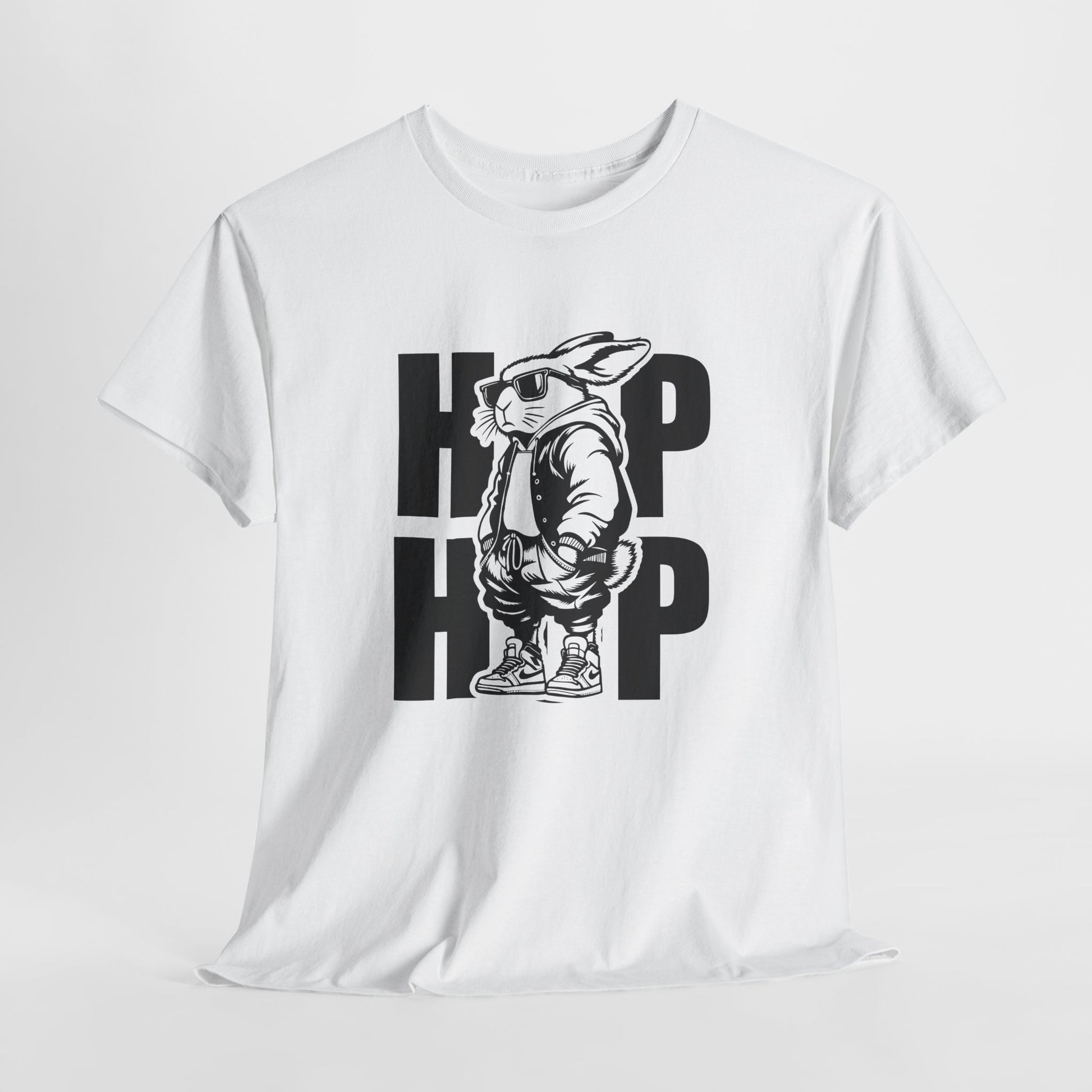 White T-shirt hanging, featuring a cool hip-hop bunny with bold "HOP HOP" text, perfect for a trendy Easter look. Hop into the season in style and shop Easter shirts online today!
