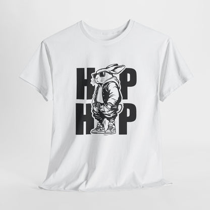 White T-shirt hanging, featuring a cool hip-hop bunny with bold "HOP HOP" text, perfect for a trendy Easter look. Hop into the season in style and shop Easter shirts online today!